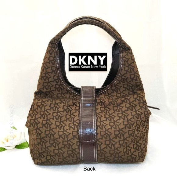 DKNY Brown Hobo Bag Monogram Jacquard Gold Buckle Turnlock Flap Shoulder… - Picture 4 of 13